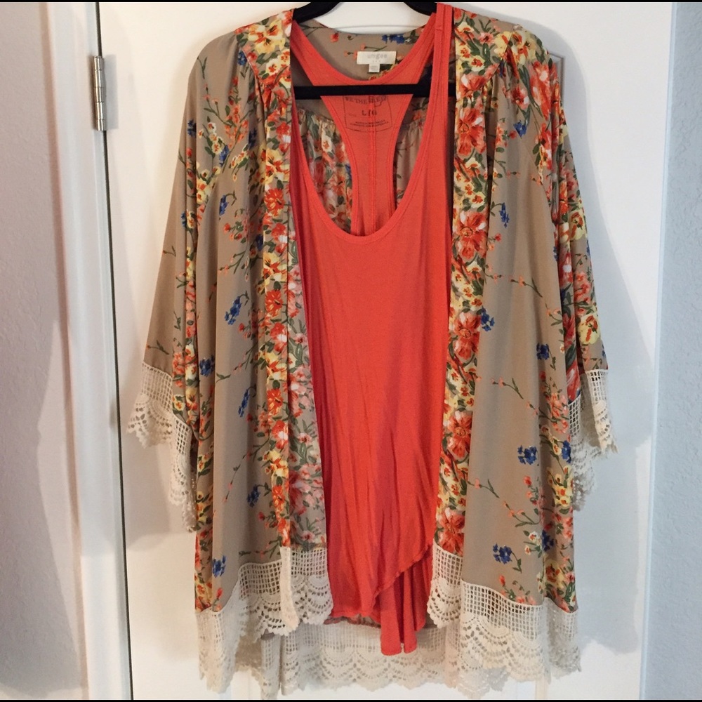 Umgee USA TAUPE/FLORAL AND LACE Kimono