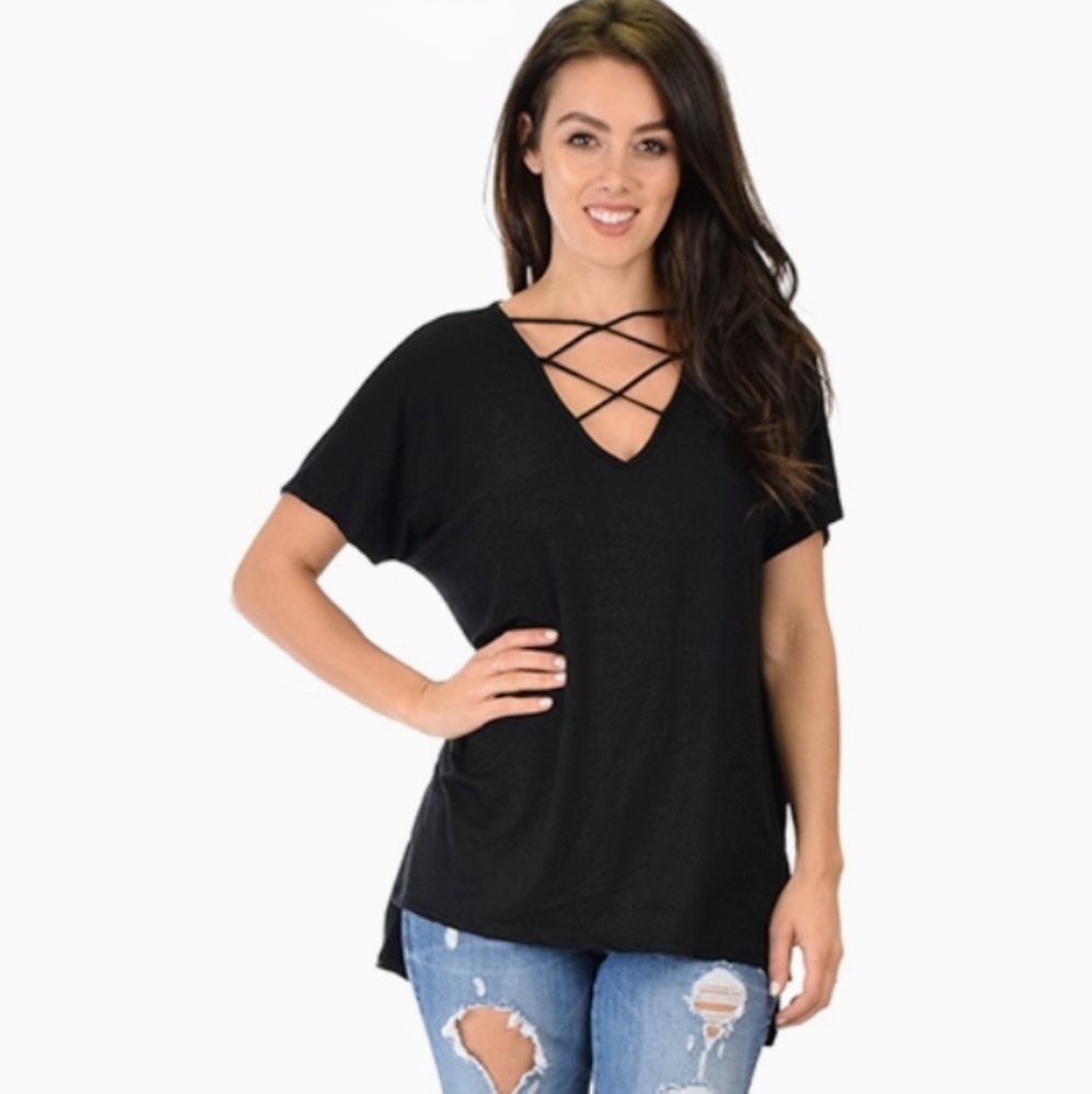 SOLD OUT! Black Tunic Top With Front Cross Straps