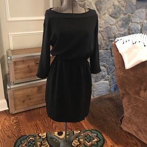 3/4sleeve black dress w sheer panel along neckline