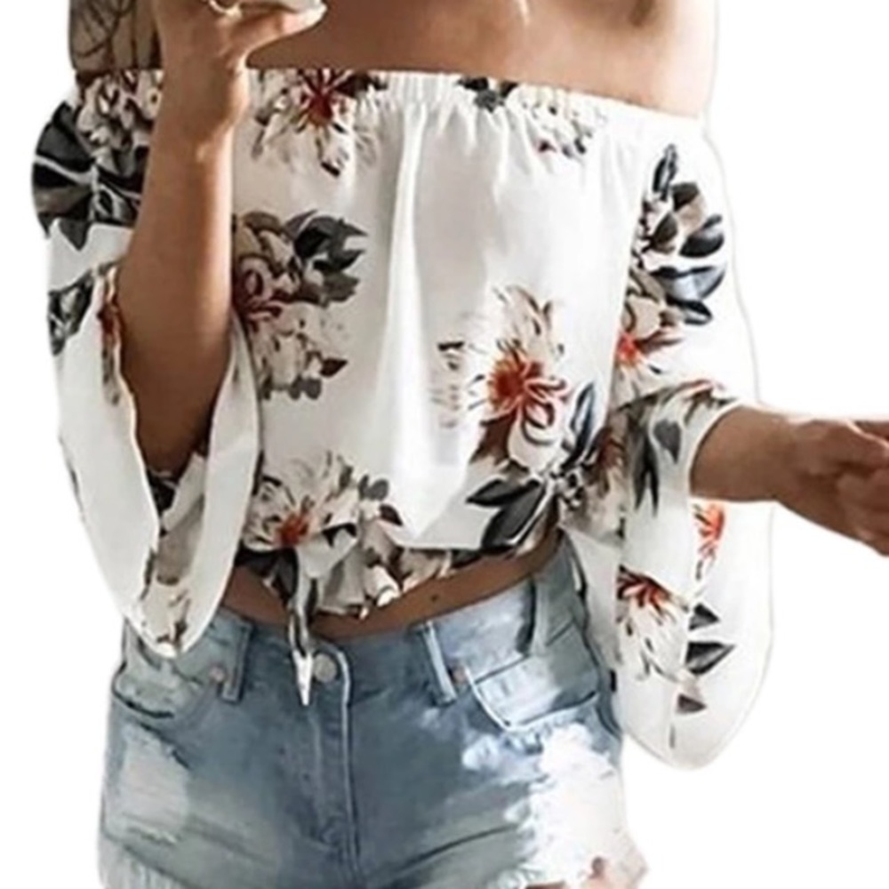 *RESTOCKED FLORAL OFF SHOULDER FLOWY BOHO CROP TOP - Picture 2 of 8