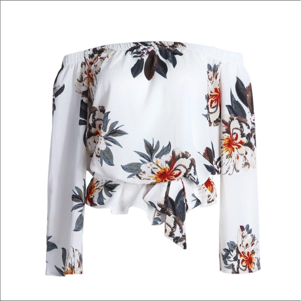 *RESTOCKED FLORAL OFF SHOULDER FLOWY BOHO CROP TOP - Picture 3 of 8