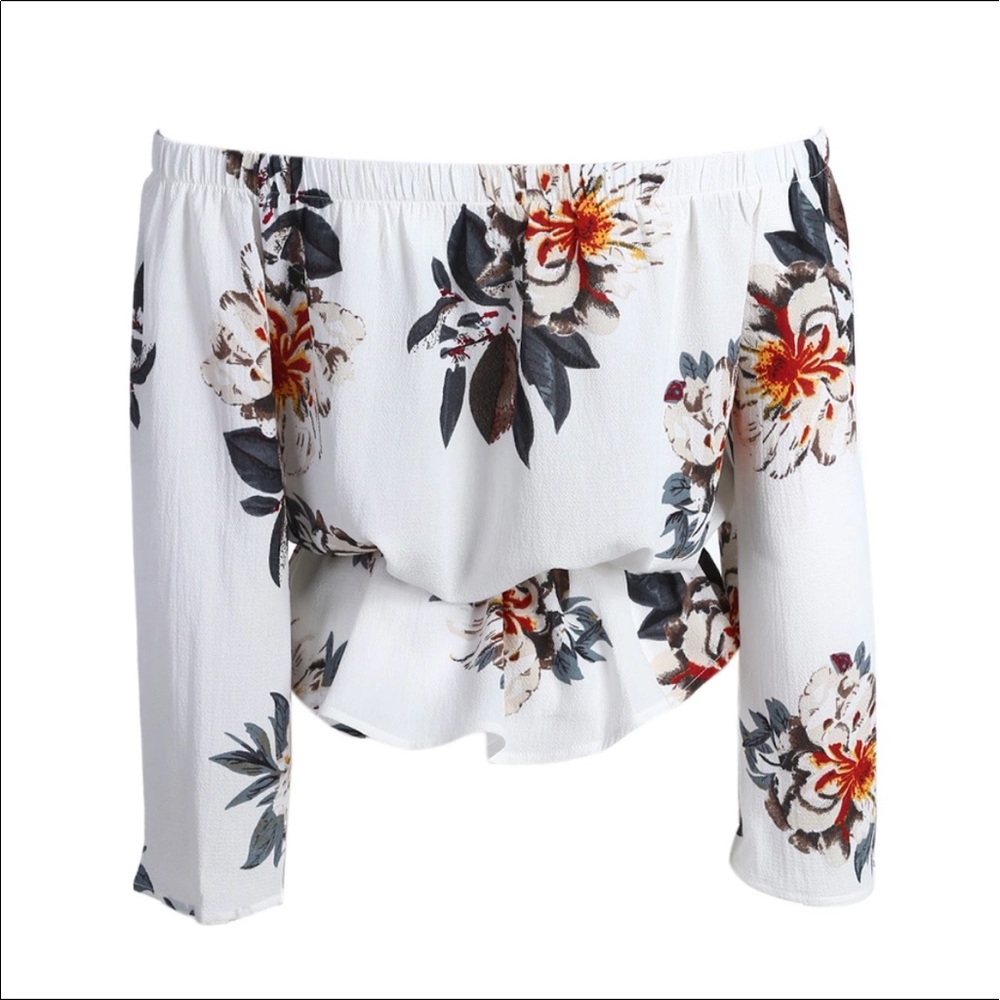 *RESTOCKED FLORAL OFF SHOULDER FLOWY BOHO CROP TOP - Picture 5 of 8