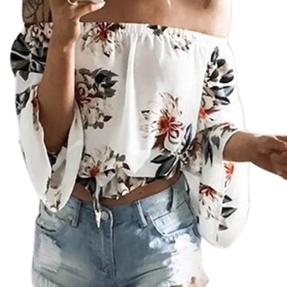 *RESTOCKED FLORAL OFF SHOULDER FLOWY BOHO CROP TOP - Picture 2 of 8