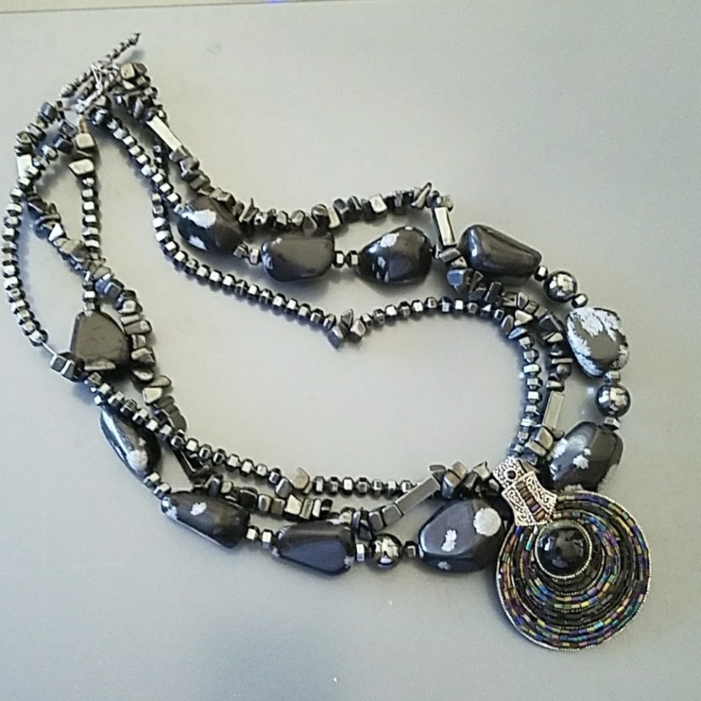 Black & gray 3 strand statement necklace like new