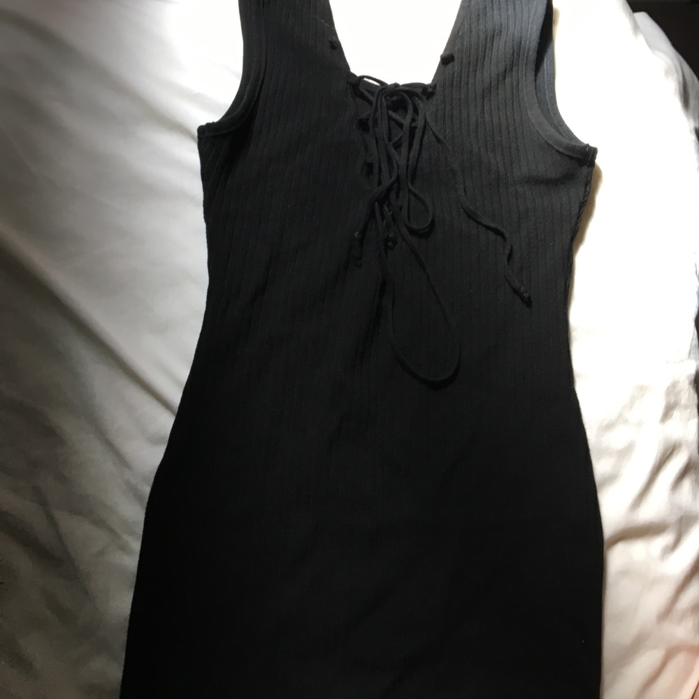 Black Lace Up Ribbed Mini Dress