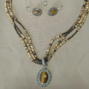 AVON Tiger eye and cork necklace & earrings