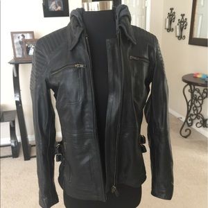 Black hooded motorcycle jacket