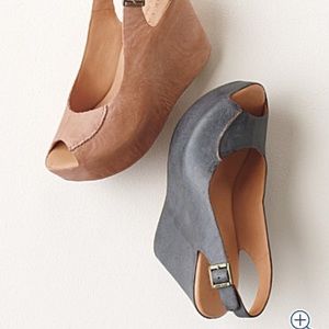 Grey leather peep toe wedges 3.5/4" wedge