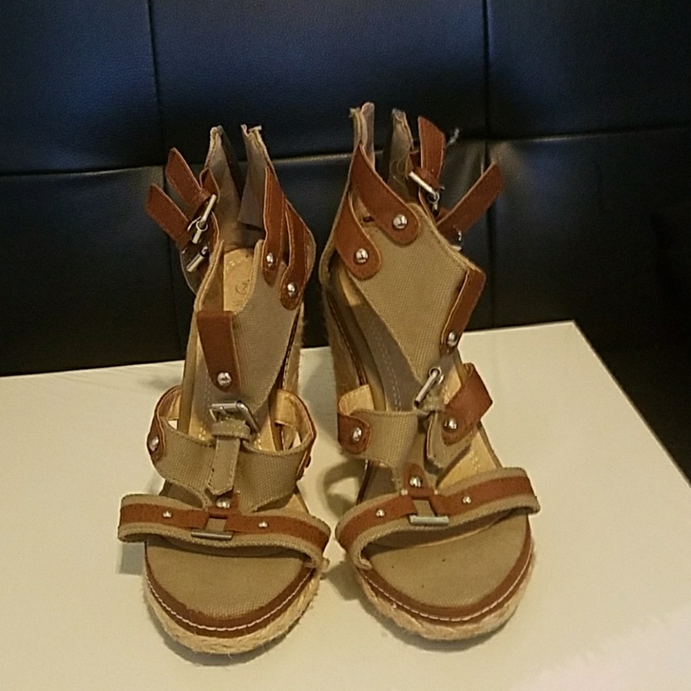 Tan Cloth wedge sandals