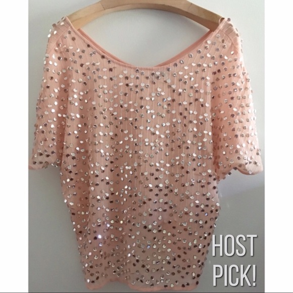 Jennifer Lopez Tops - Jennifer Lopez sheer peach sequin top (L)