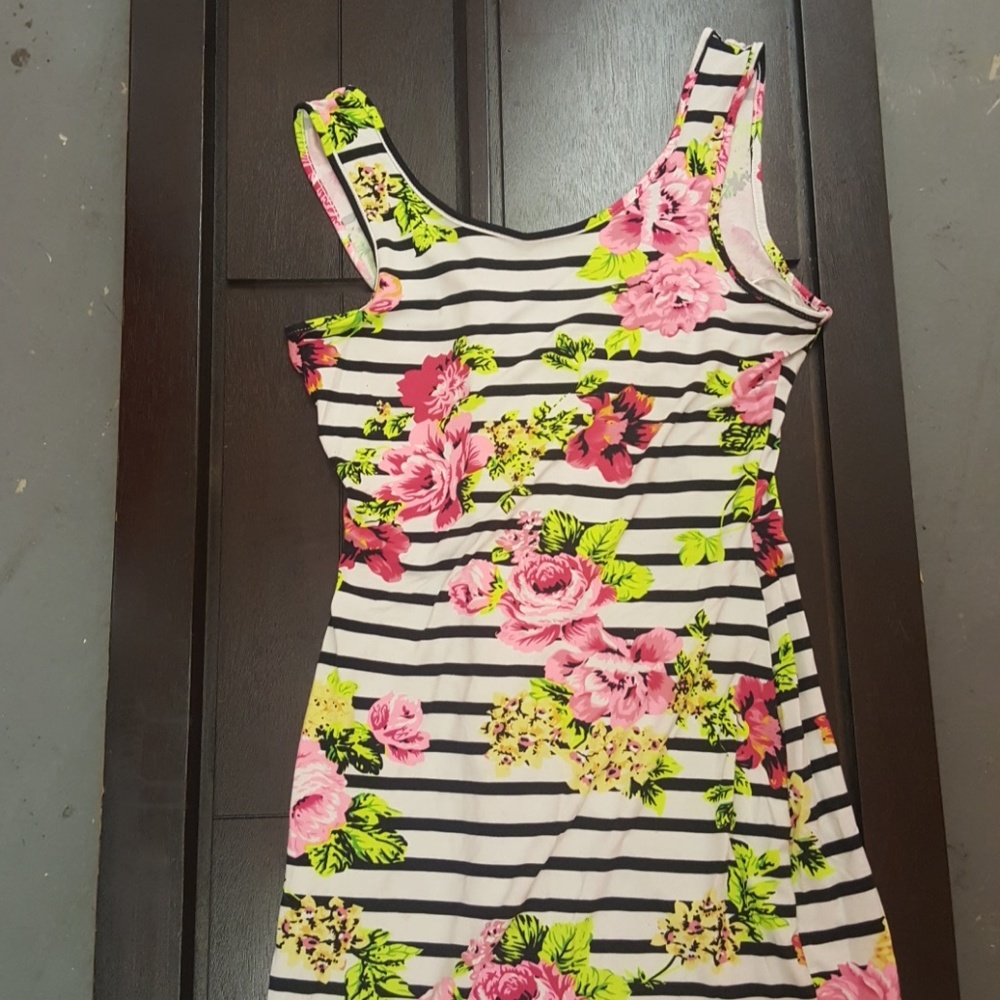 Floral Black and White Stripe Summer Dress