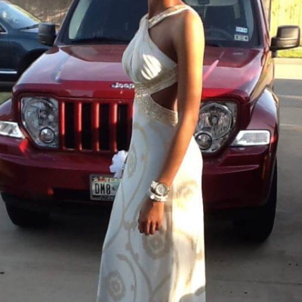 Long Keyhole White & Gold Formal Dress
