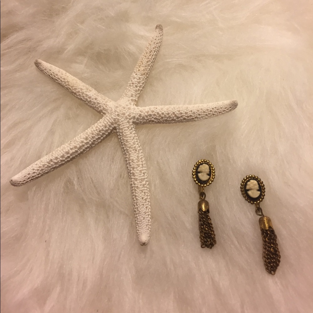 Vintage Cameo Brass Tassel Earrings w/ Screw Backs