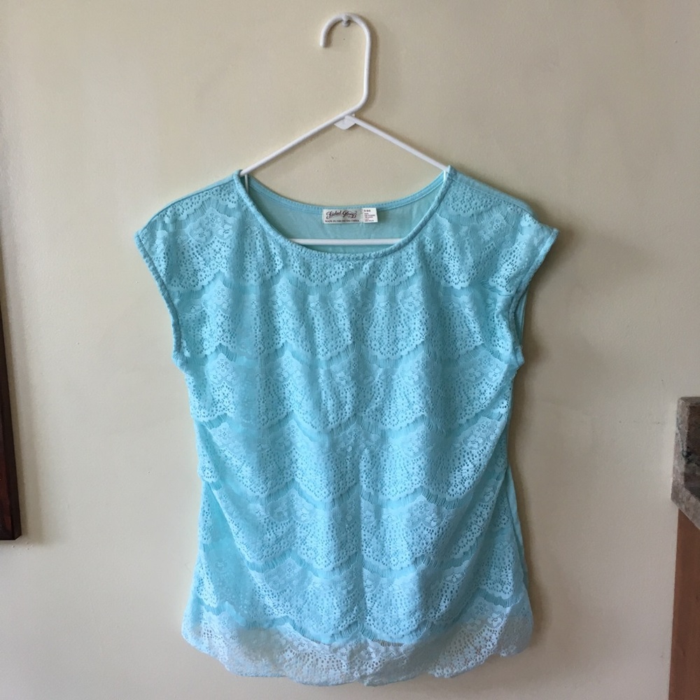 Light Mint Green/Blue Short-Sleeved Lace Top