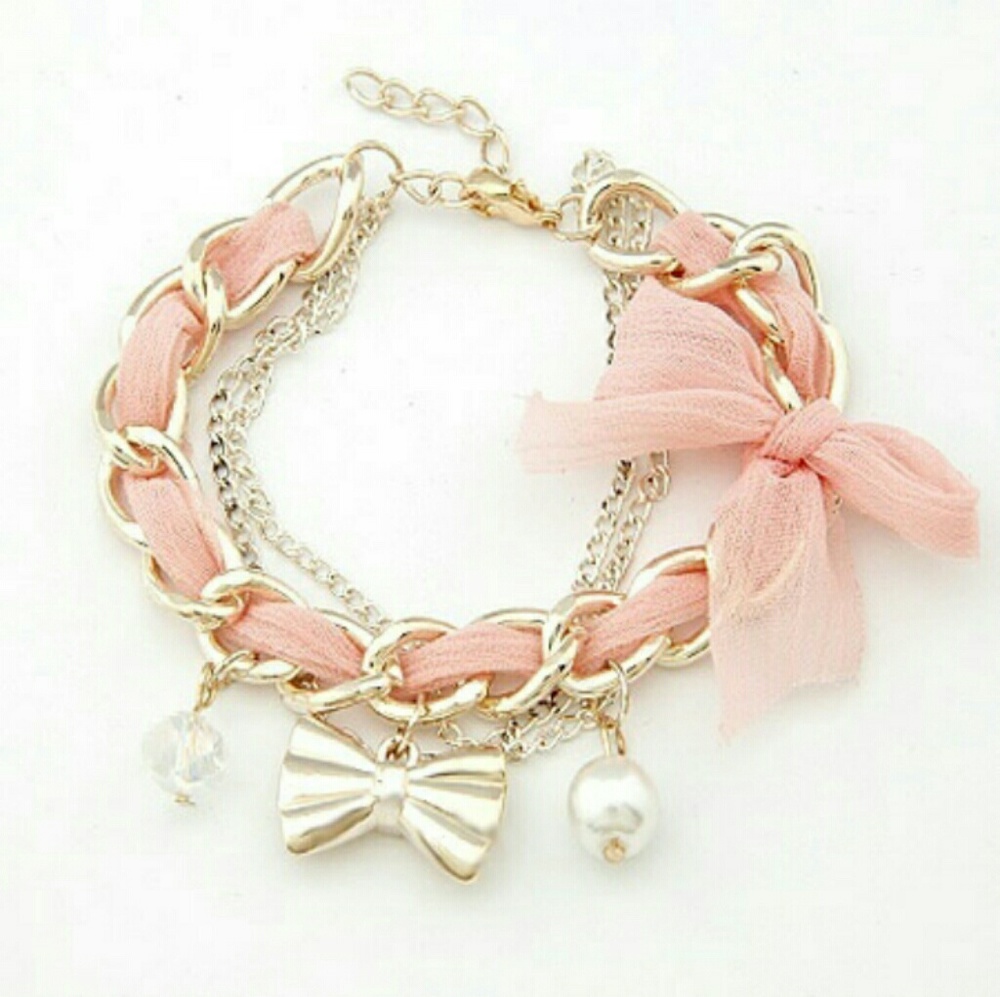 'Just in' Gold Pink Lace Bow delicate  Bracelet