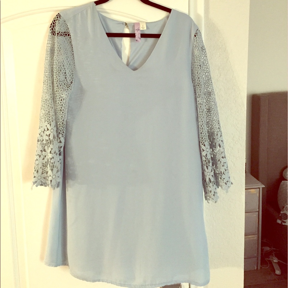 Alya Powder Blue Shift dress w/ Lace Bell sleeves