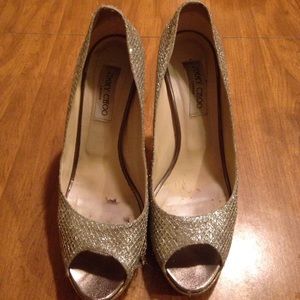 Jimmy Choo heels gold shimmer with fishnet