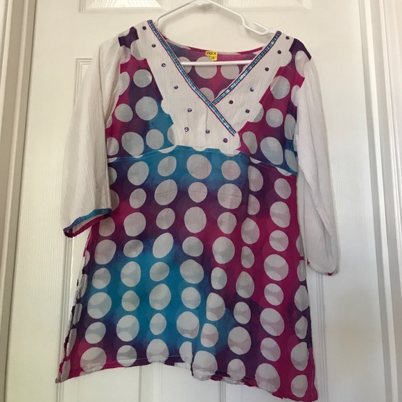 NEW White/Multicolored Polka Dotted Cotton Kurti - Picture 1 of 2