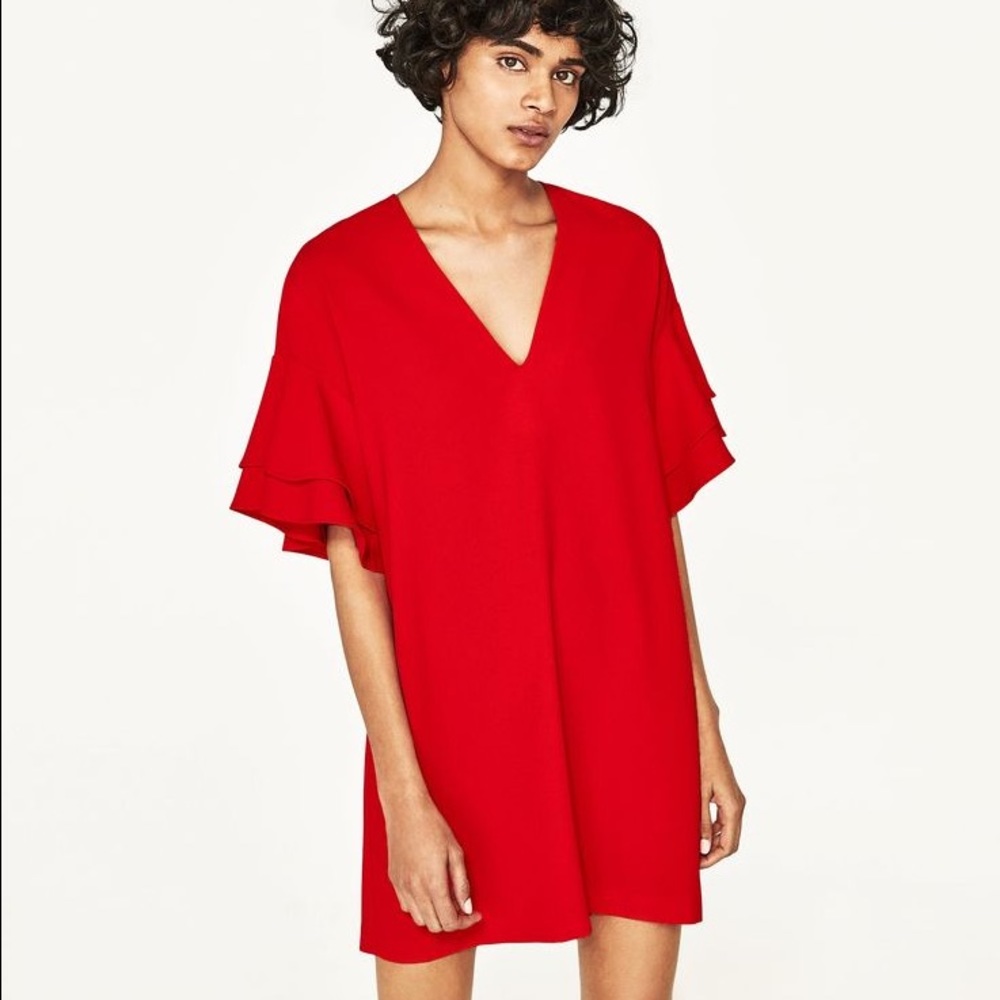 Zara Red Dress with Ruffled Sleeves