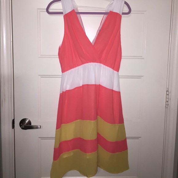 Umgee Dresses & Skirts - Coral striped sun dress w/ yellow and white