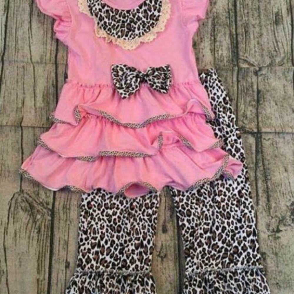 Girls boutique pink leopard ruffle pant set