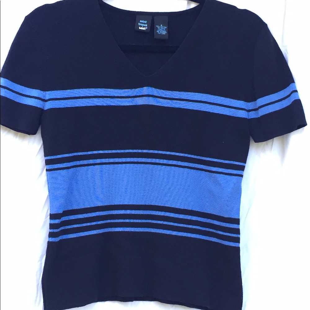 Black/blue 100% cotton neck short sleeve sweater