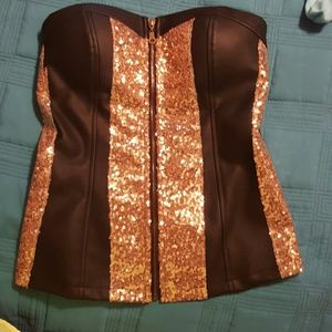 Strapless zip up faux leather &sequin top