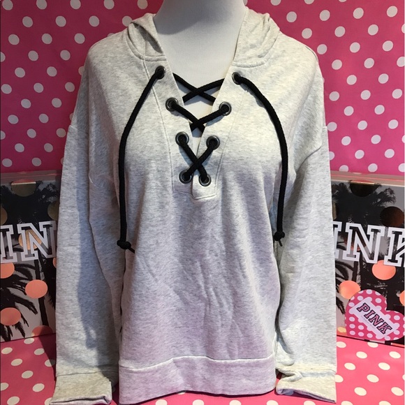 🚫SOLD🚫NWT VS PINK gray slouchy lace up hoodie - Picture 2 of 4