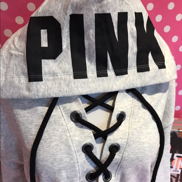 🚫SOLD🚫NWT VS PINK gray slouchy lace up hoodie - Picture 3 of 4