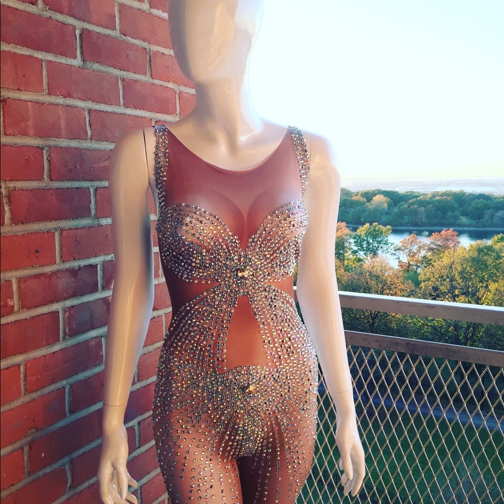 L’COUTURE ROYAL Champagne Rhinestone Embellished Jumpsuit
