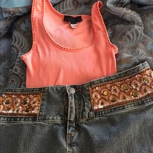 Express Jean skirt 3/4 and bling top small