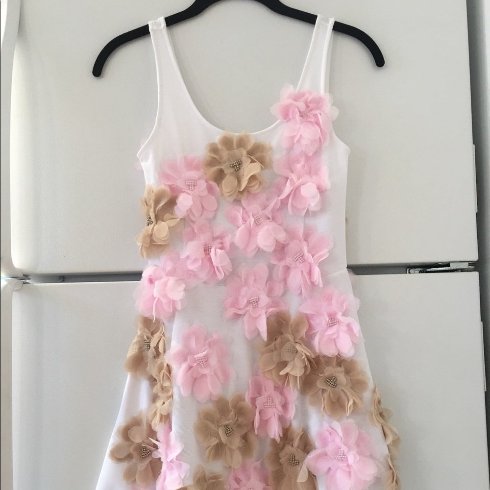 White Dress w/Pink & Beige Floral Appliqués size 2