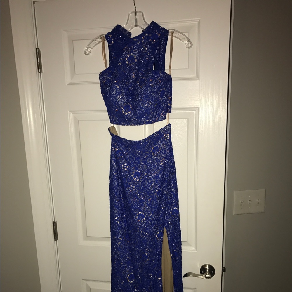 Royal blue, lace, sequin evening gown