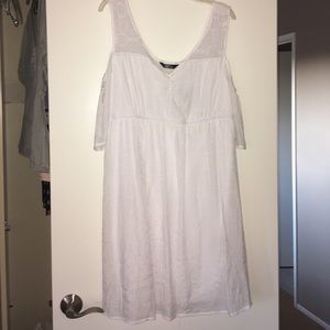 White linen cold shoulder dress lace detail