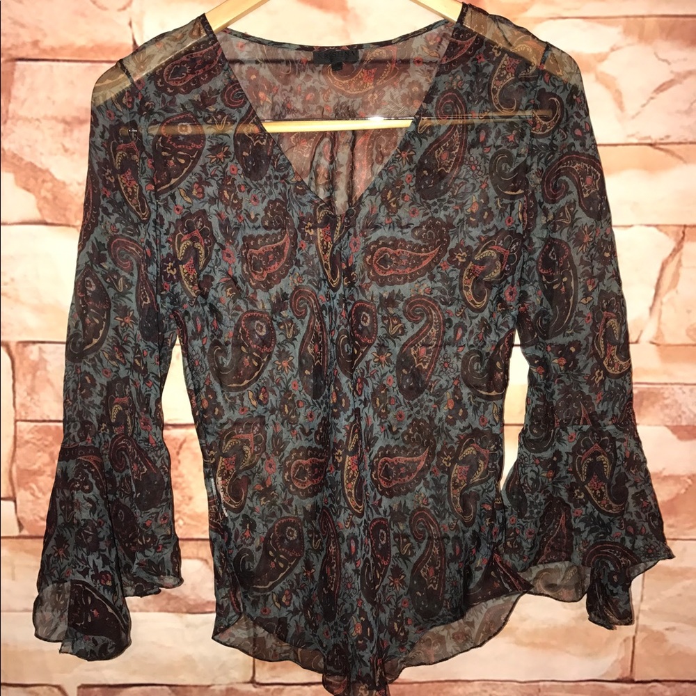 Krishna paisley long sleeve top Blouse v Neck sz 1