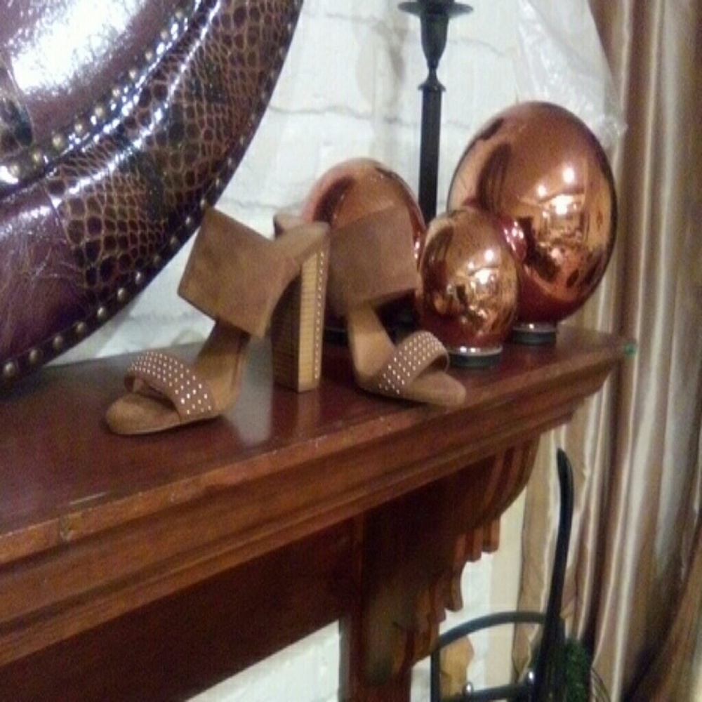 Tan colored heels with gold studs