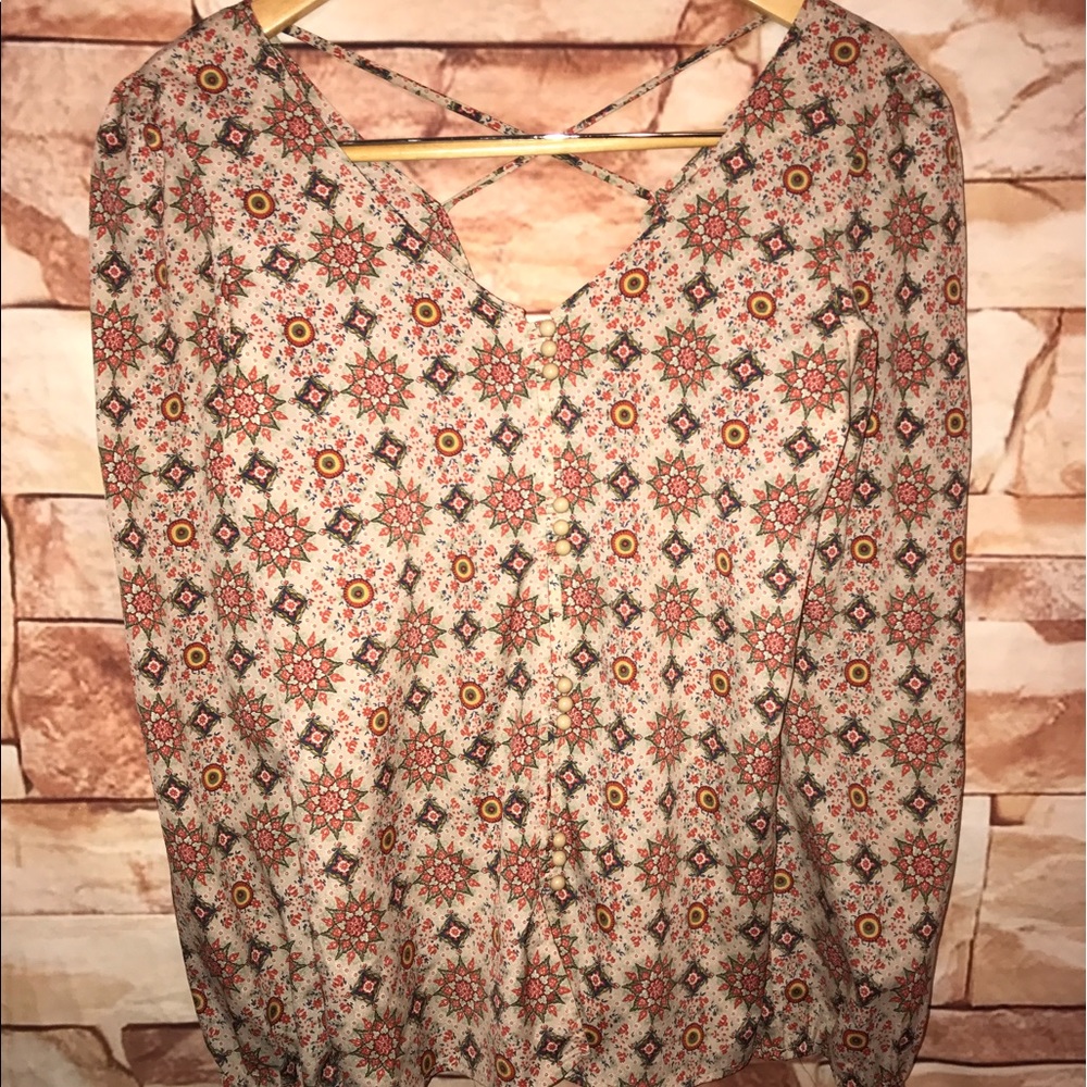 Button front long sleeve floral Blouse cross back