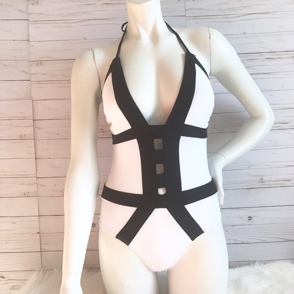 White Black One Piece Halter Swimsuit