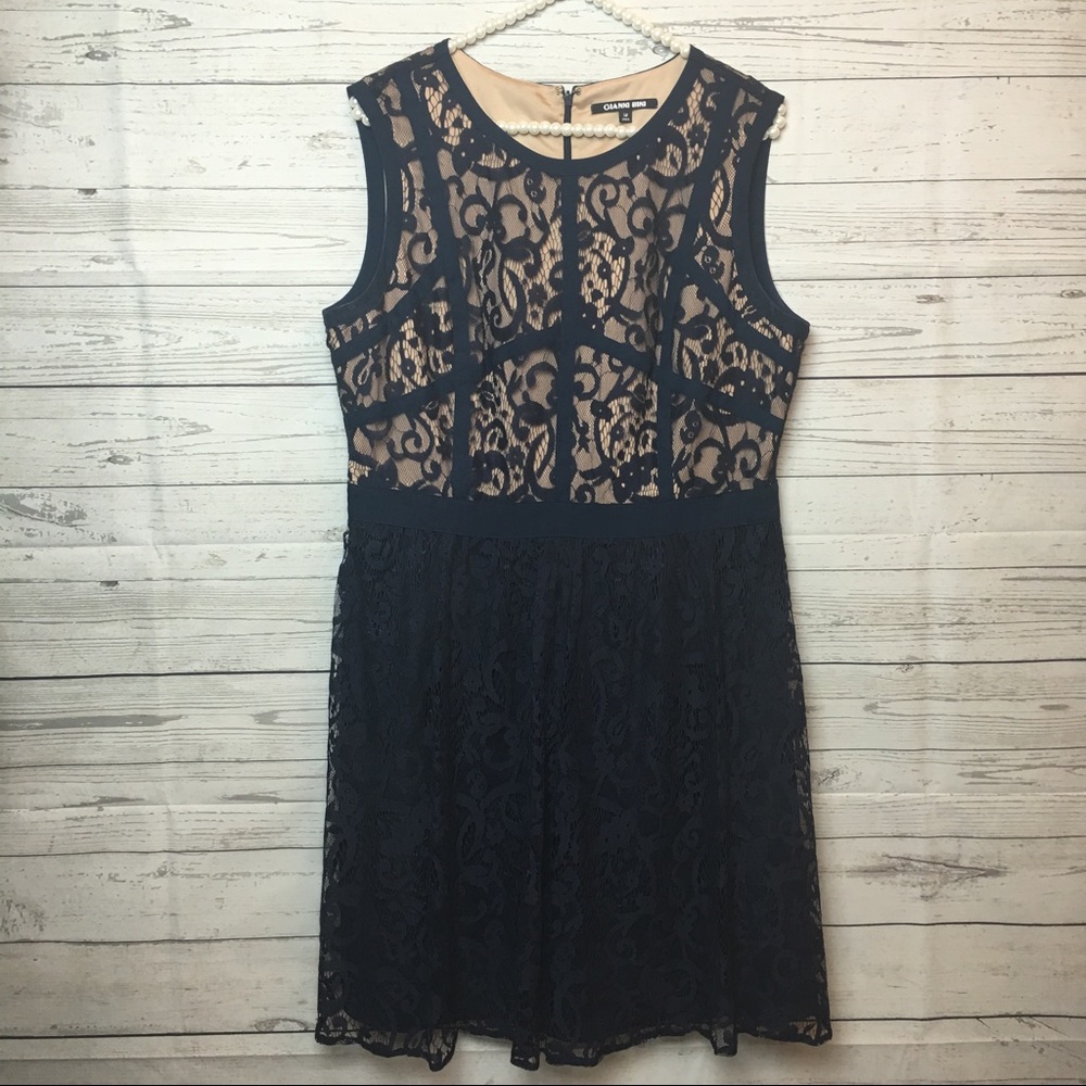 Gianni Bini Navy Blue and Nude Lace Dress Size 12