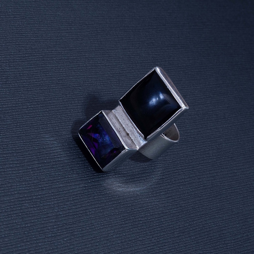 925 Onyx & Purple Glass Ring
