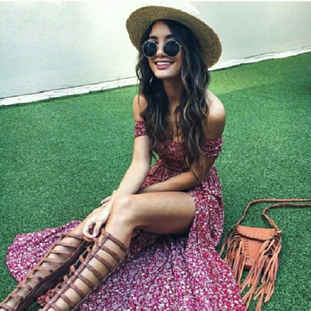 Red floral print off shoulder maxi dress