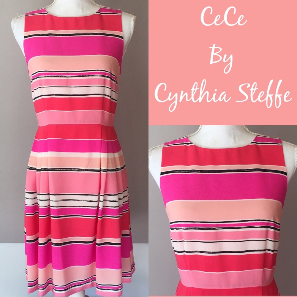 CeCe By Cynthia Steffe Striped Pleated Cute Dress