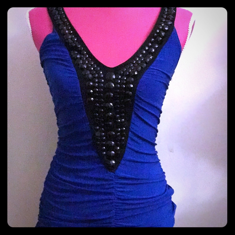 Blue Ruffle Tank Top with Black Beaded Detail