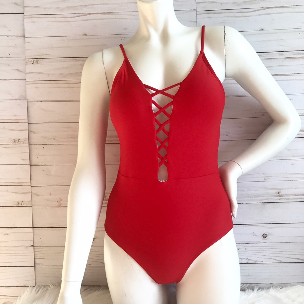 Red Strappy Crisscross V-neck One Piece Swimsuit
