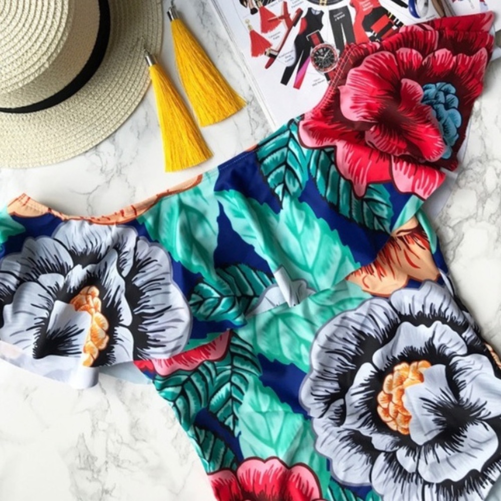 TropicalOff the Shoulder One Piece Swimsuit - Picture 5 of 8