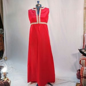 Vintage 1970s handmade taffeta gown with gold trim