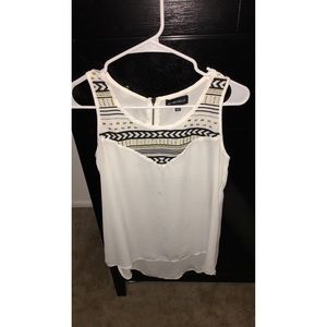 high-low white tank top with blue and gold details