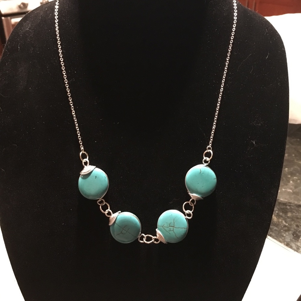 Handmade turquoise color beads w/silver chain!