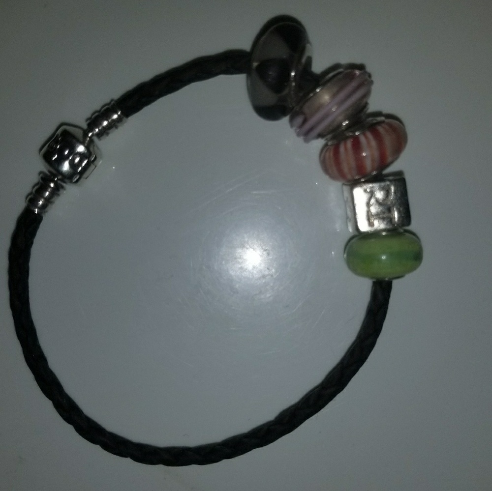 Pandora leather bracelet with 5 charms