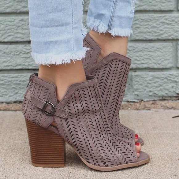  Pre-order Peep Toe Taupe Faux Suede Booties - Picture 2 of 4